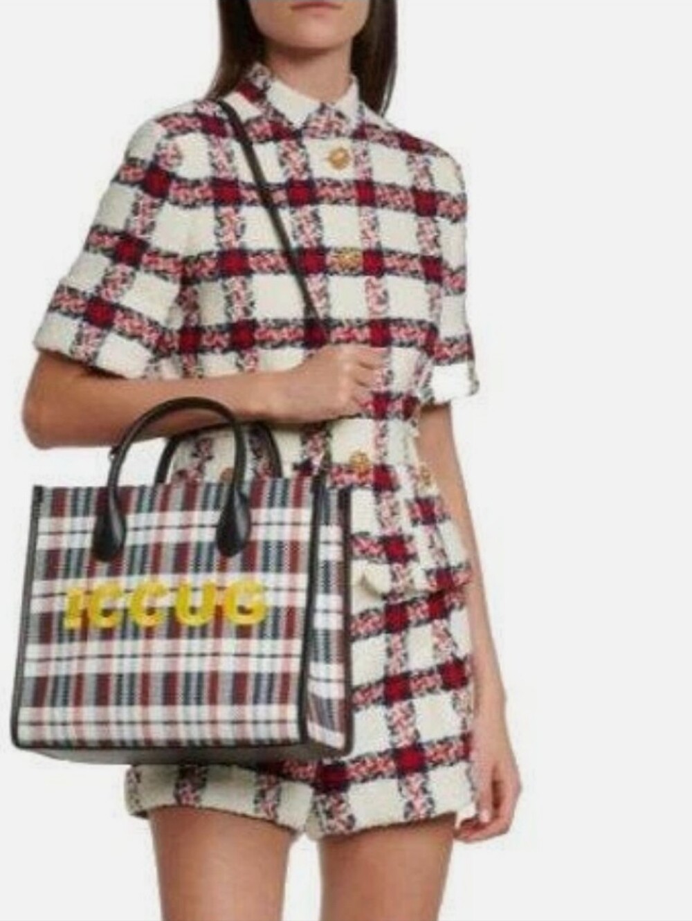 Gucci Multicolor Check "ICCUG" Logo Raffia Tote Bag - Picture 3 of 16